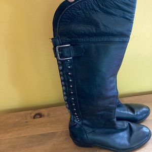 Women's Black Leather studded knee high boots